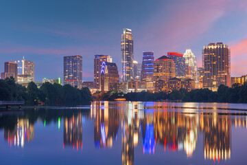 Austin, Texas, USA downtown skyline over the Colorado River