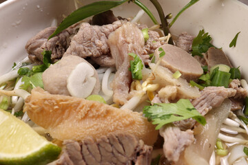 Vietnamese poh beef noodles soup broth with beef ball brisket tripe stomach parts been sprout thai...