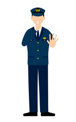 若い男性警官のポーズ、笛を吹いて制止する