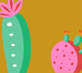 Illustration in vector, in cartoon style. Mustard color background with green and pink cactus