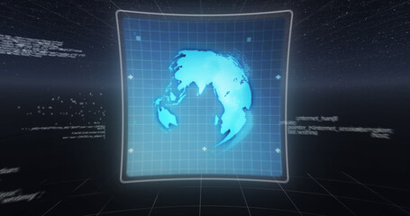 Image of 6g text, data processing and globe on screens over dark blue background