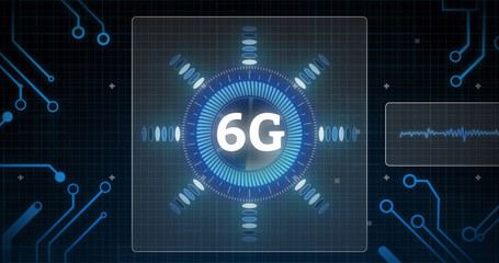 Image of 6g text with scope scanning and data processing on screens over grid