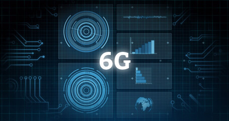 Image of 6g text with scopes scanning and data processing on screens over grid