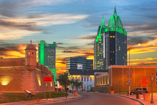 Mobile, Alabama, USA Downtown Skyline with Fort Conde.