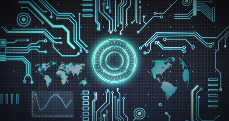 Image of scope scanning, processor elements, world map and data processing over grid