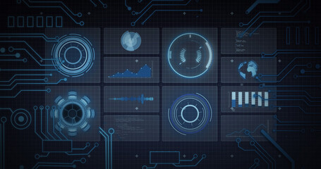 Image of scope scanning, processor elements and data processing on screens over grid
