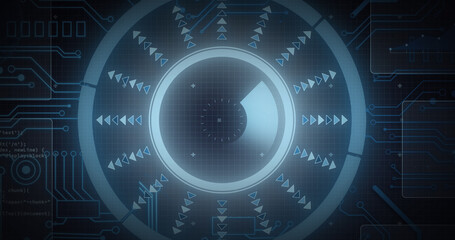 Image of scope scanning, processor elements and data processing on screens over grid