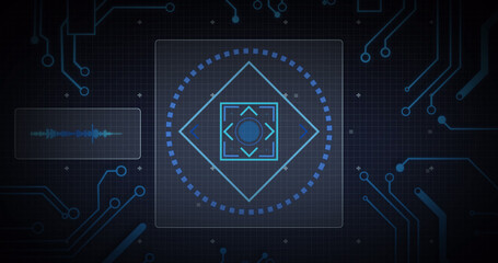 Image of scope scanning, processor elements and data processing on screens over grid