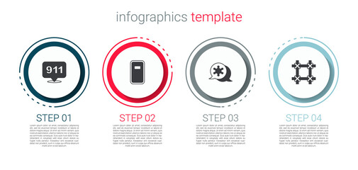 Set Telephone call 911, Police assault shield, Hexagram sheriff and Prison window. Business infographic template. Vector