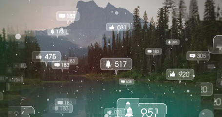 Multiple speech bubbles with social media icons and increasing numbers against mountain landscape - Powered by Adobe