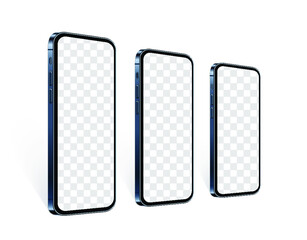Realistic smartphones in row in perspective view with transparent screen. Blue mobile phone mockup set for presentate your app design or website. Isolated cell device template, vector 3d illustration.