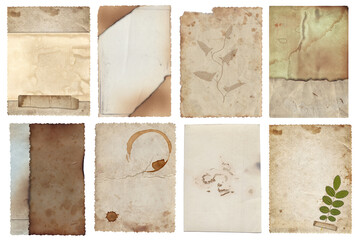 Bunch of Old vintage texture retro paper with burned edges, stains and scratches background