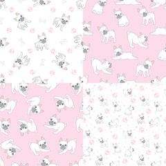 Seamless pattern with cute French bulldog on pink background.