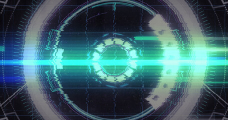 Digital image of light trails and glitch effect against round neon scanner on black background
