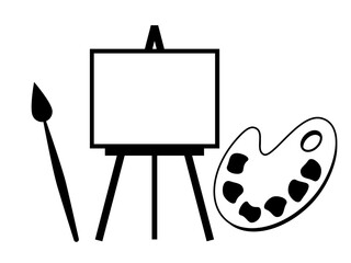 Painter creative supplies, equipment logo, symbols. Easel, painter stand, canvas, brush and painter palette. Black and white icon set.