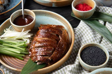 Printed roller blinds Beijing side view of traditional asian food peking duck with cucumbers and sauce on a plate