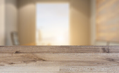 Background with empty wooden table. Flooring. Elegant office interior. Mixed media. 3D rendering.