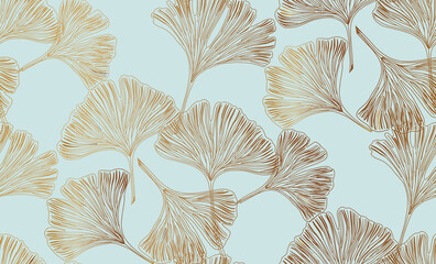GIngko bloba gold leaves  seamless pattern. Luxury wall art design with gingko leaves, tree,...