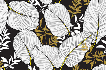 Hand drawn leaves line arts,black white  Silhouette print pencil ink drawing background, Abstract leaf seamless pattern, Tropical leaves design for fabric, Wrapping paper and prints