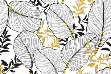 Hand drawn leaves line arts, Silhouette print black ink drawing background, Abstract leaf seamless pattern, Tropical leaves design for fabric, Wrapping paper and prints