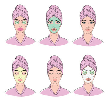 Colorful vector image illustrated steps of washing of pretty woman with comedo. Cute cartoon girl with skin problem shows the result of using care cosmetic product.