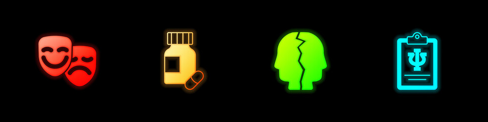 Set Comedy and tragedy masks, Sedative pills, Bipolar disorder and Psychology, Psi icon. Vector