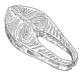 Salmon steak on white background. Vintage engraving monochrome black illustration.