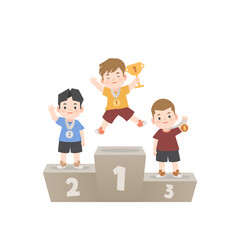 Winner boys be happy with trophy and medal standing on the winner podium on white background, illustration vector. Kids concept
