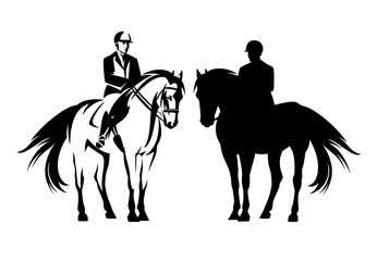 professional jockey riding standing horse - equestrian sport black and white vector outline and silhouette set