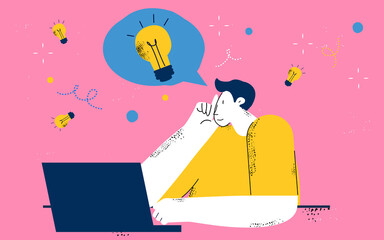 Man working on laptop, freelance job, creative work, online work, brainstorming and ideas, innovative solutions, education and learning concept. Courses, trainings, tutorials, business start concept