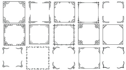 Set Black Simple Line Frame Collection Doodle Square Floral Frame Elements Vector Design Style Sketch Isolated Illustration For Banner