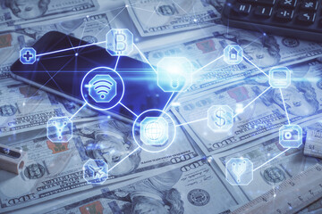 Multi exposure of social network drawing over us dollars bill background. Concept of people connection.