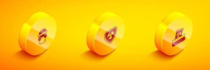 Set Isometric Nuclear reactor worker, Radioactive in shield and waste barrel icon. Vector