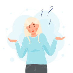 Confused woman concept illustration, with wide spread hands and question marks. flat vector illustration. 