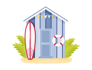 Cartoon purple wooden beach cabin with lifebuoy and surf. Vector illustration