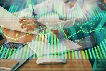 Double exposure of data theme sketch drawing over people writing background. Concept of technology