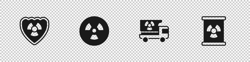 Set Radioactive in shield, , Truck with radiation materials and waste barrel icon. Vector