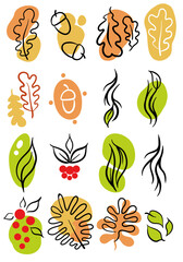bright set of stickers for manicure. autumn theme. vector. bright minimalistic drawings in the style of lineart. warm autumn color scheme. simple decorative miniatures.
