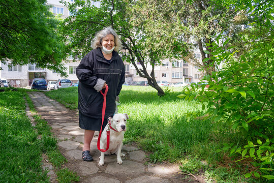 Elderly Woman Smiling on a Walk with a Dog on Leash