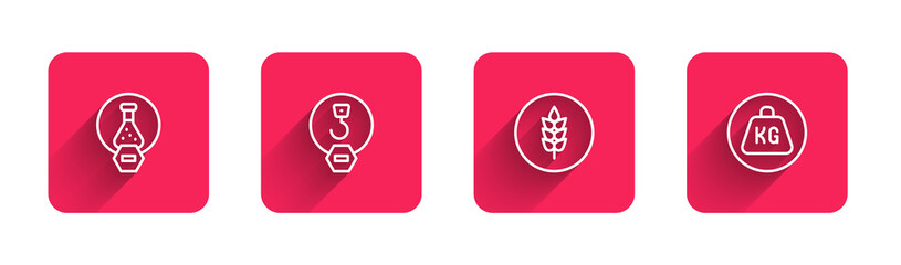 Set line Test tube and flask, Industrial hook, Wheat and Weight with long shadow. Red square button. Vector