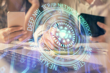 Double exposure of man and woman working together and technology theme drawing hologram. Big data concept. Computer background.