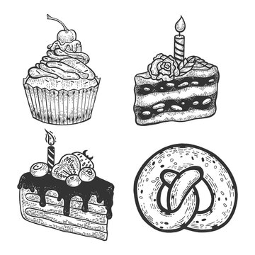 cakes muffin and pastries set line art sketch engraving vector illustration. T-shirt apparel print design. Scratch board imitation. Black and white hand drawn image.
