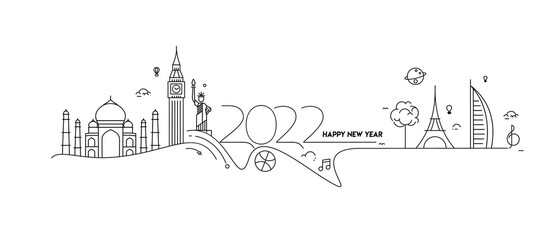 Happy New Year 2022 Text with travel world Design Patter, Vector illustration.