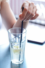 Cool cocktail in a transparent glass in a cafe