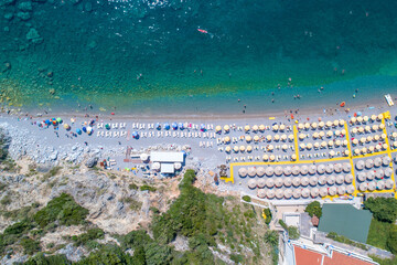 Fototapeta premium Jaz beach near Budva, Montenegro, Aerial drone view, Adriatic sea, Europe
