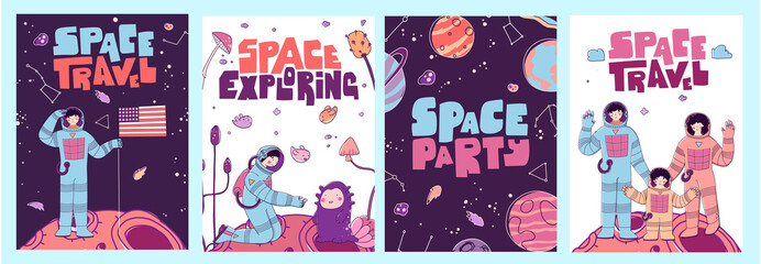 Postcards posters space, people on mars, space travel. Fantastic hand drawn banner with postcards posters space