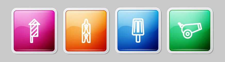 Set line Firework rocket, Circus ticket, Ice cream and Cannon. Colorful square button. Vector