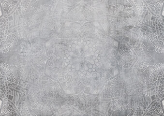 White Mandala drawn on a concrete wall, a slight blurring of the pattern. Perfect as a background for a new project. Water stains on concrete ideas for fabric or textiles.