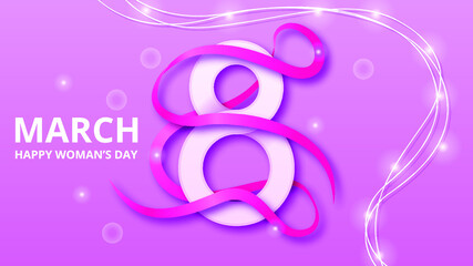 8 March Happy Woman's Day Greeting Ribbon Garland Background. Vector Design Banner Party Invitation Web Poster Flyer Stylish Brochure, Greeting Card Template