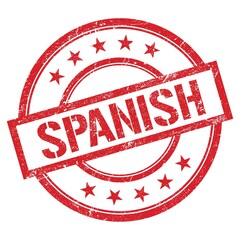 SPANISH text written on red vintage stamp.
